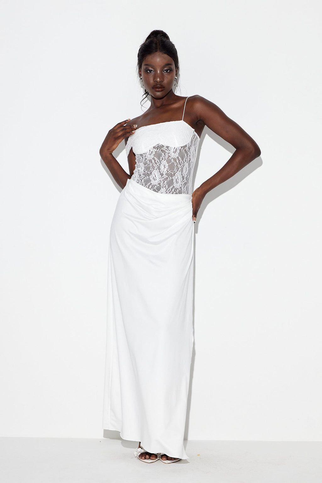 Chenda Lace Asymmetric Maxi Dress In White