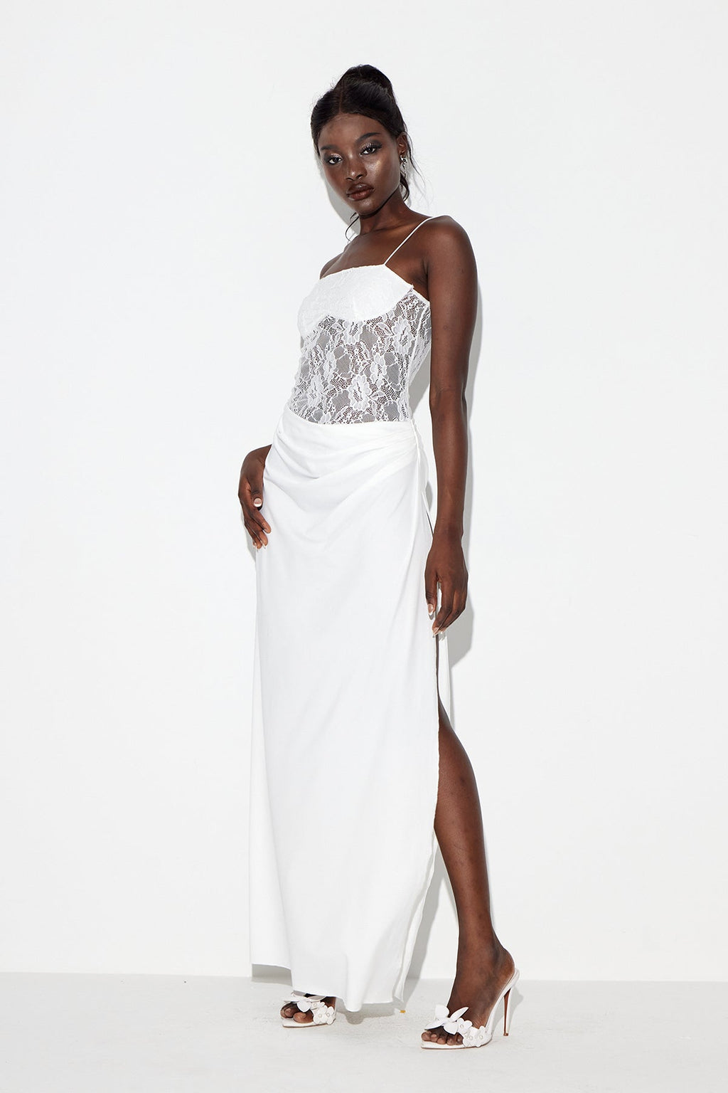 Chenda Lace Asymmetric Maxi Dress In White