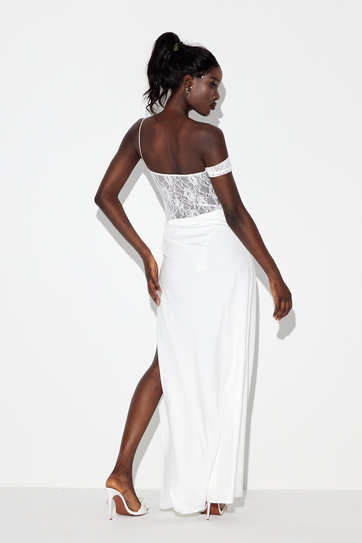 Chenda Lace Asymmetric Maxi Dress In White