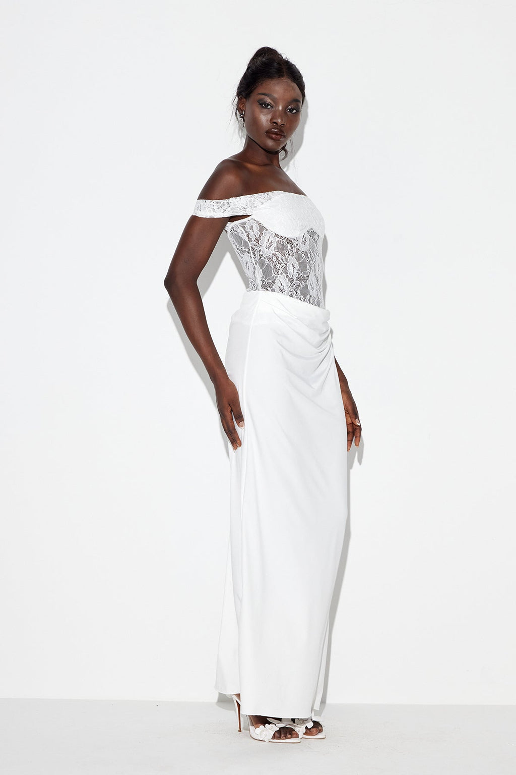 Chenda Lace Asymmetric Maxi Dress In White