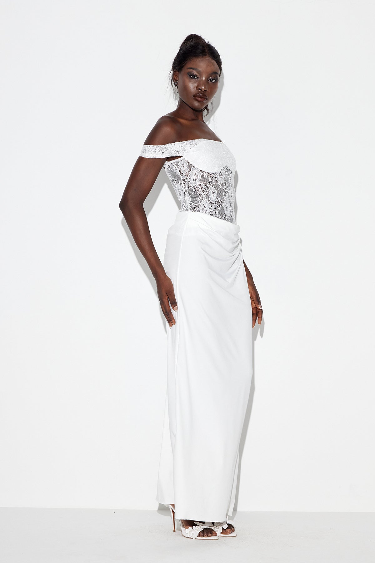 Chenda Lace Asymmetric Maxi Dress In White