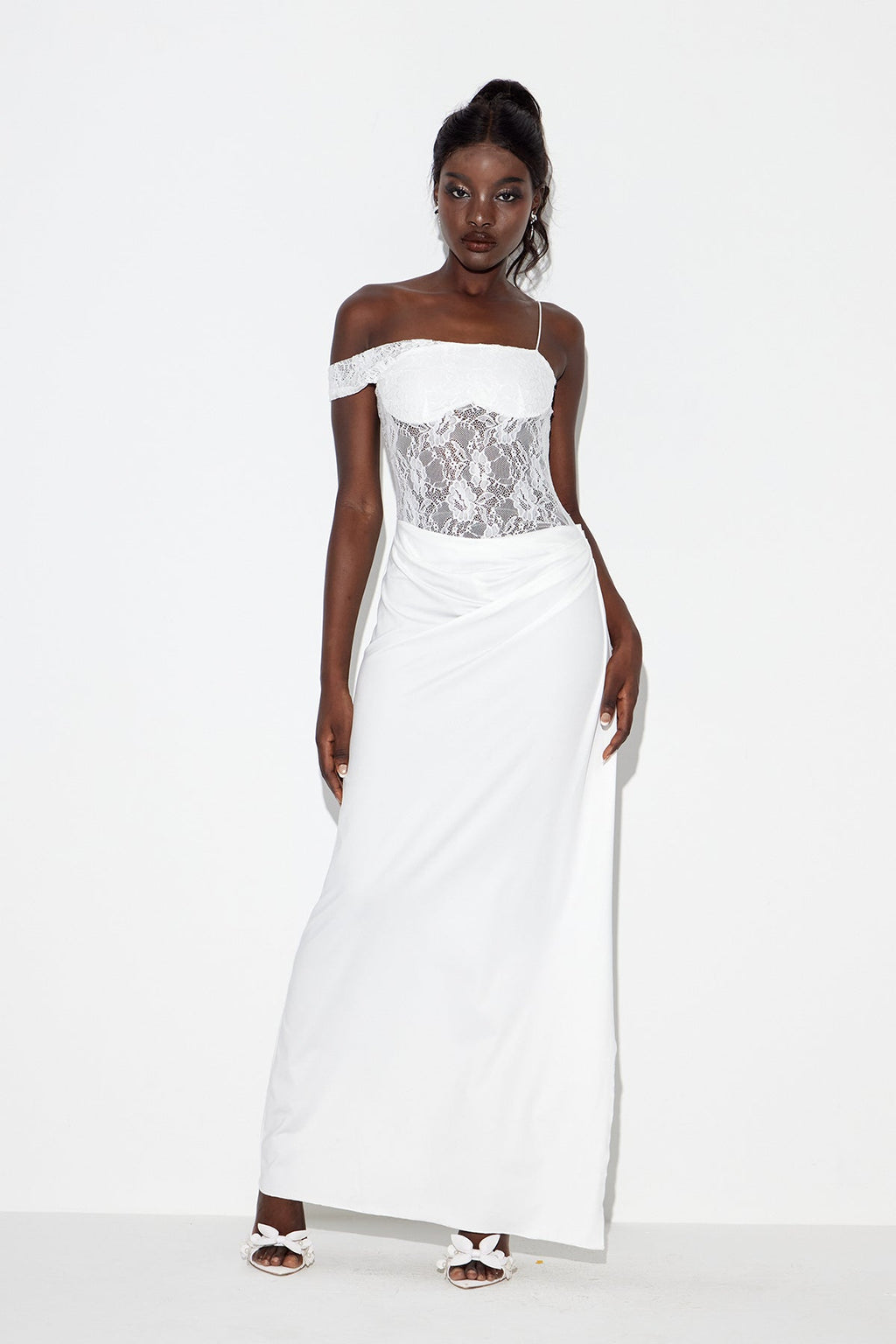 Chenda Lace Asymmetric Maxi Dress In White