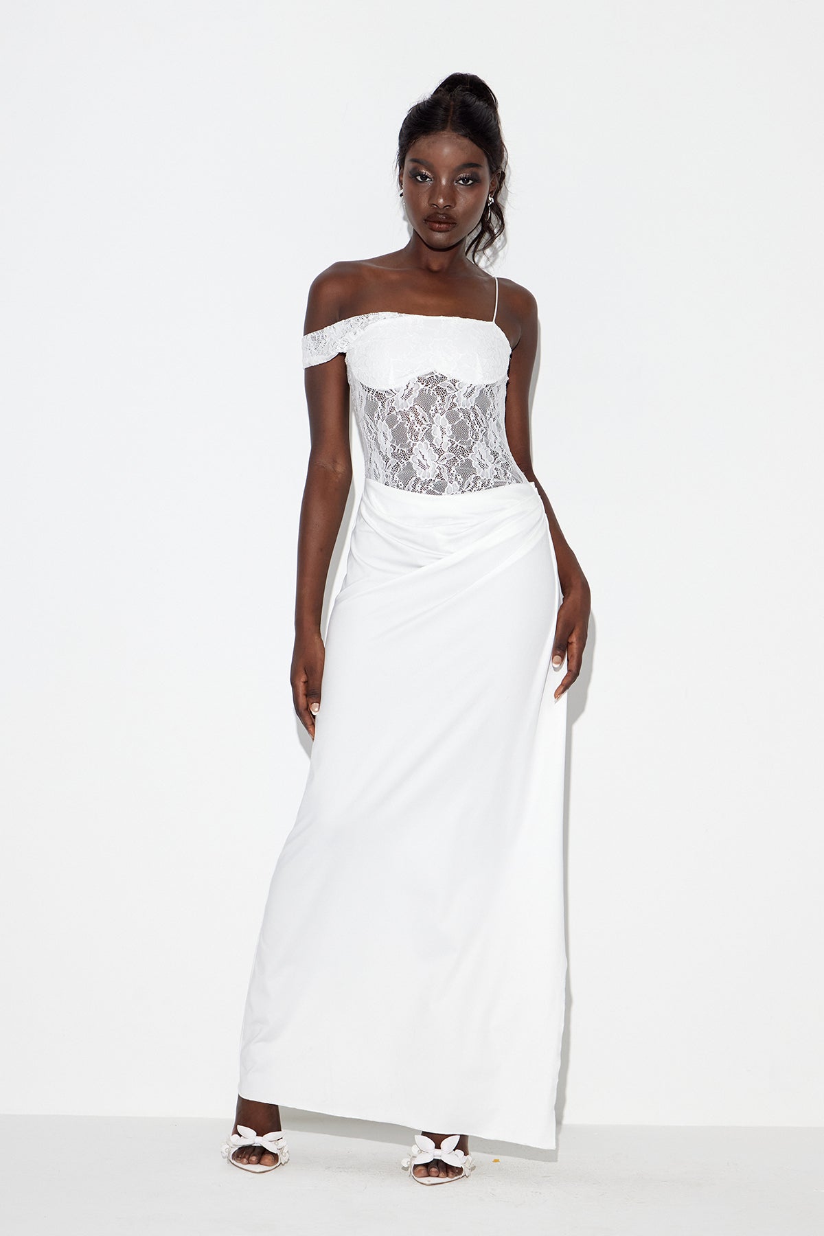 Chenda Lace Asymmetric Maxi Dress In White