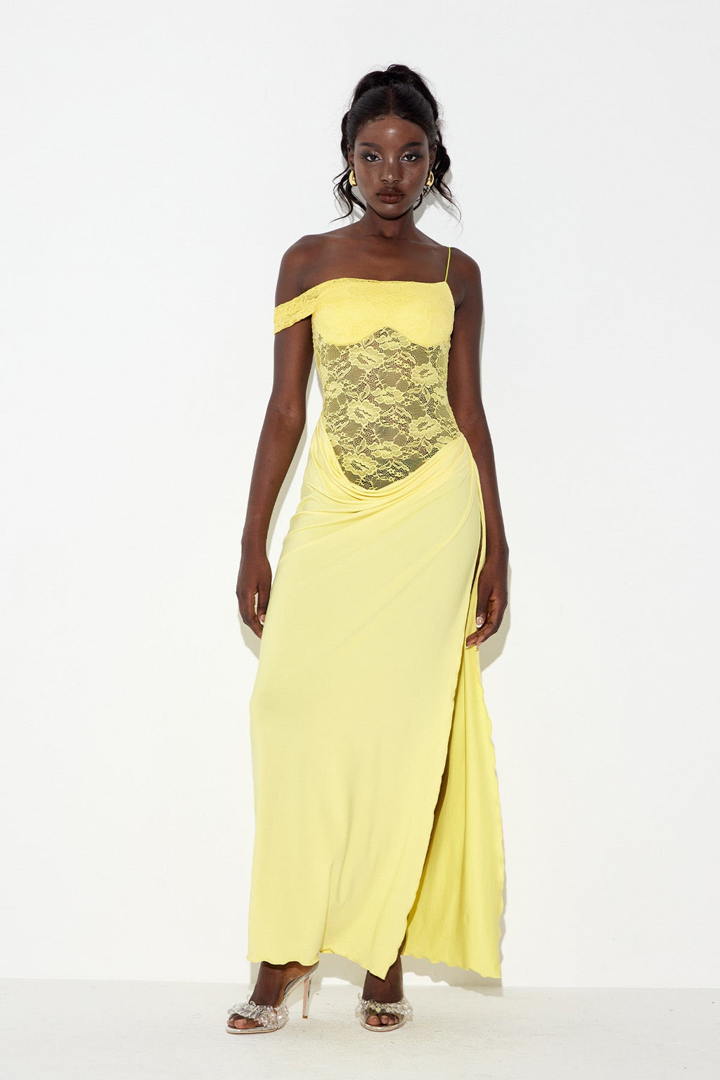 Chenda Lace Asymmetric Maxi Dress In Yellow