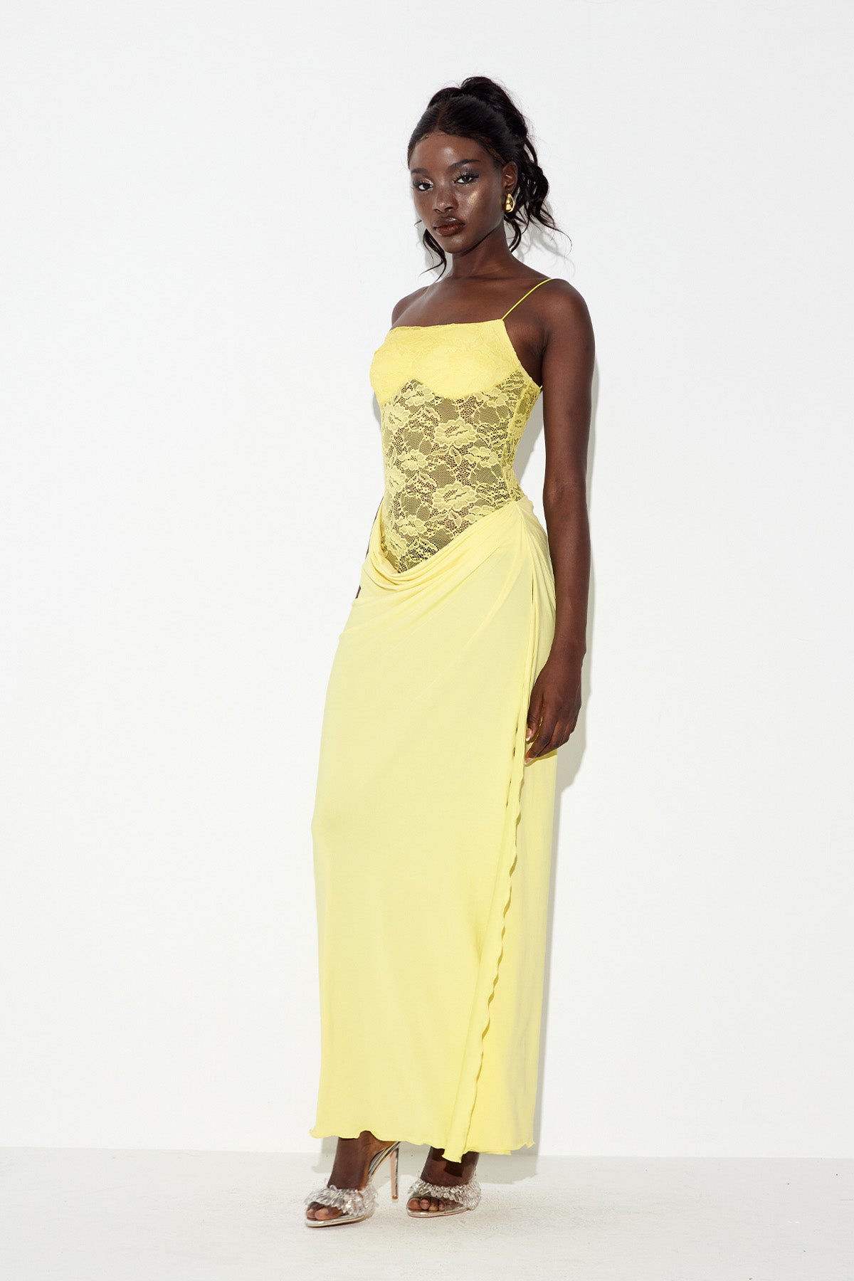 Chenda Lace Asymmetric Maxi Dress In Yellow