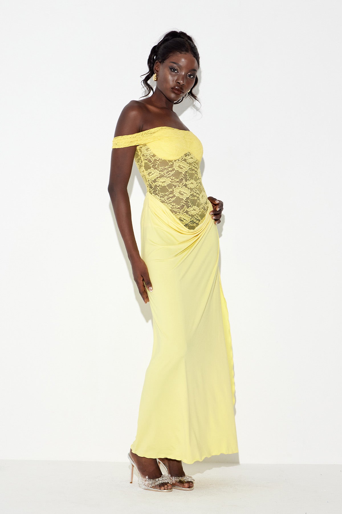 Chenda Lace Asymmetric Maxi Dress In Yellow