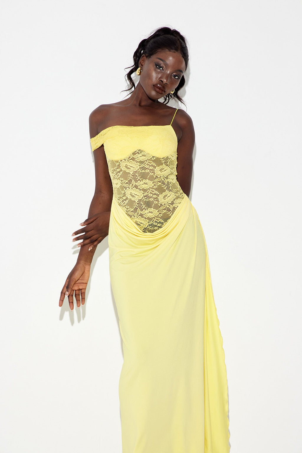 Chenda Lace Asymmetric Maxi Dress In Yellow