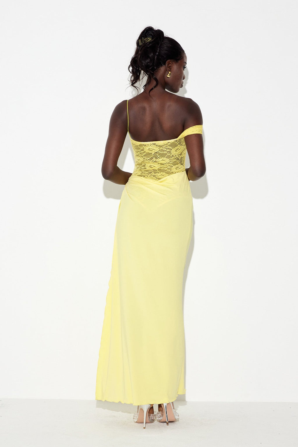 Chenda Lace Asymmetric Maxi Dress In Yellow