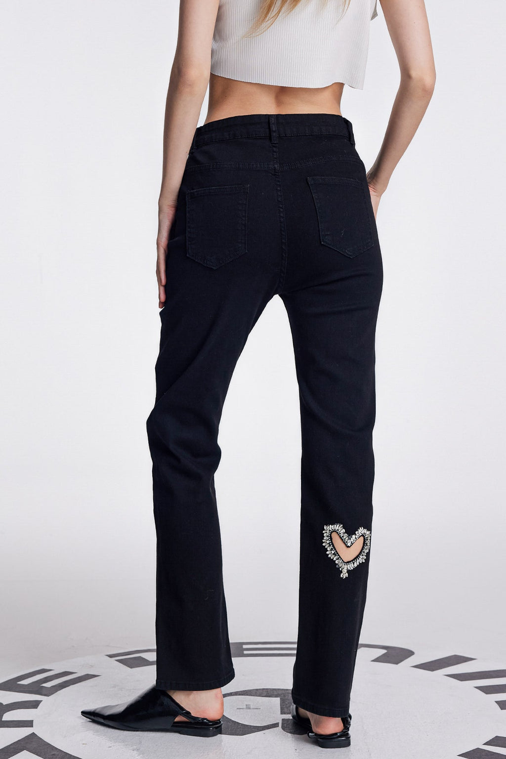 Cher Love Rhinestone Cutout Jeans In Black