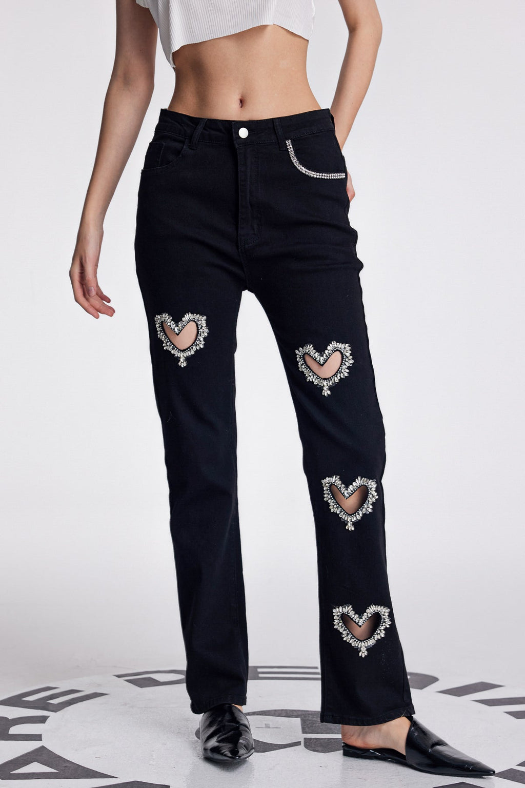 Cher Love Rhinestone Cutout Jeans In Black
