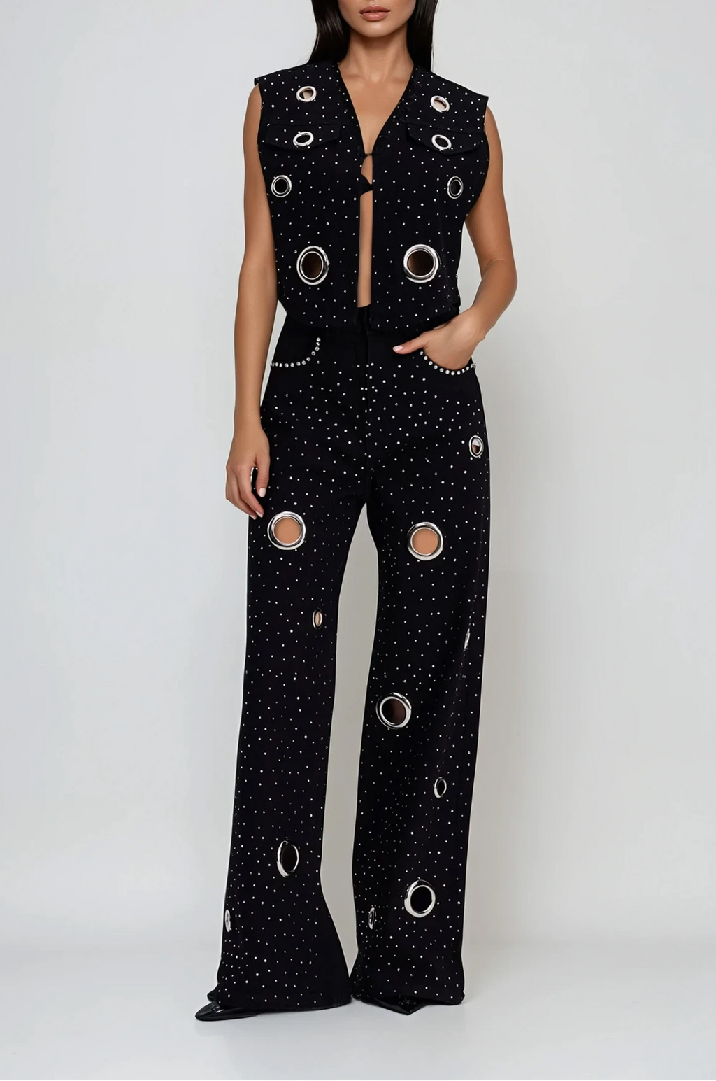 Chet Embellished Cutout Denim Pants Set