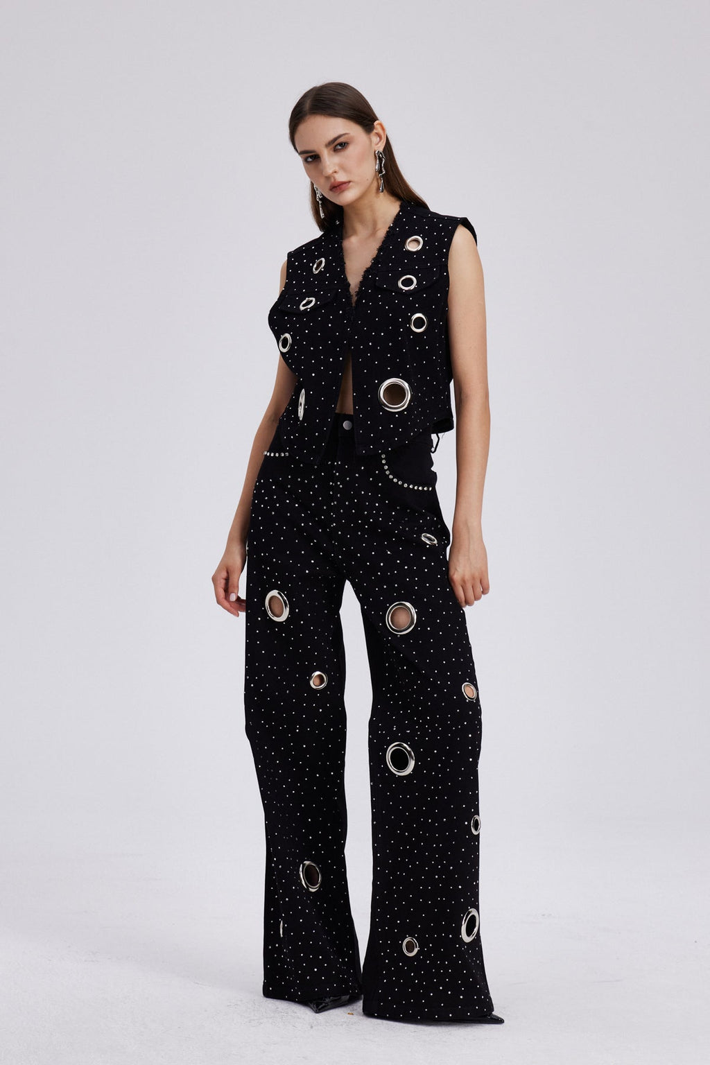 Chet Embellished Cutout Denim Pants Set