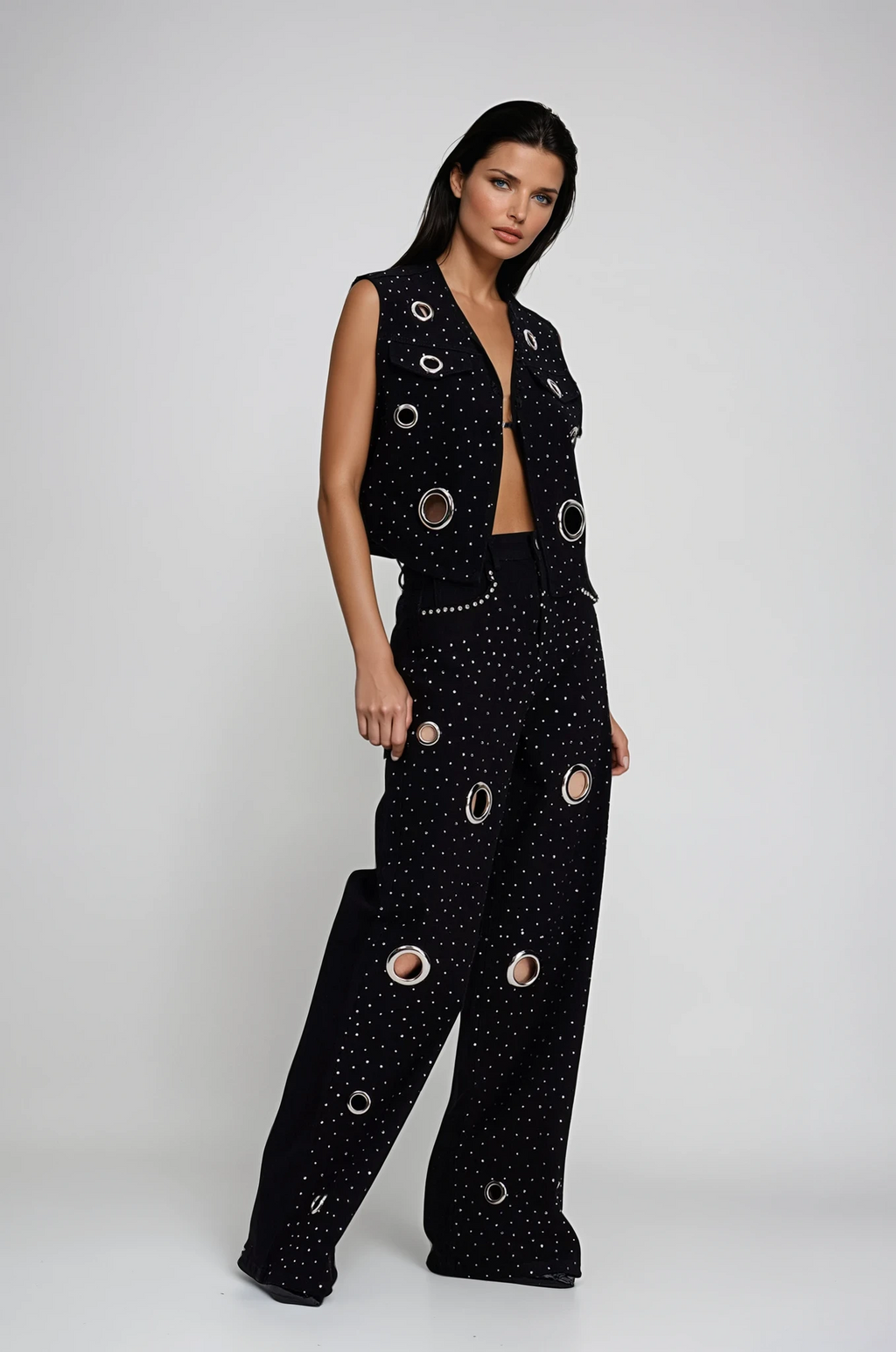 Chet Embellished Cutout Denim Pants Set