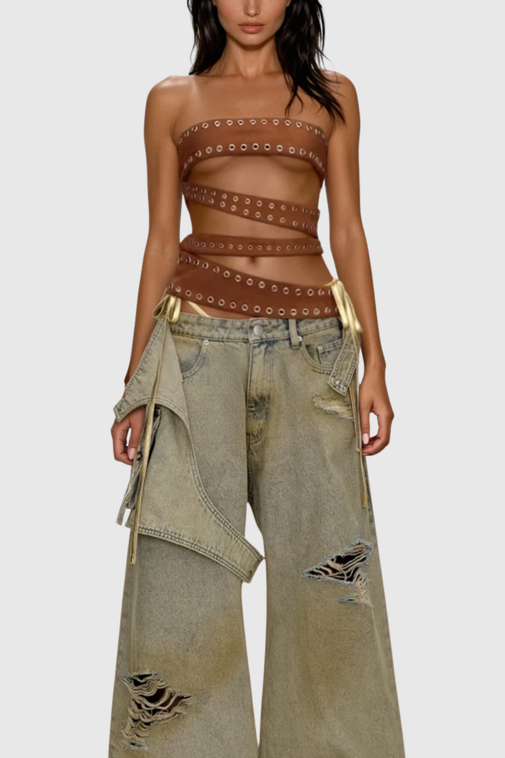 Chinweike Eyelet Asymmetric Strapless Top