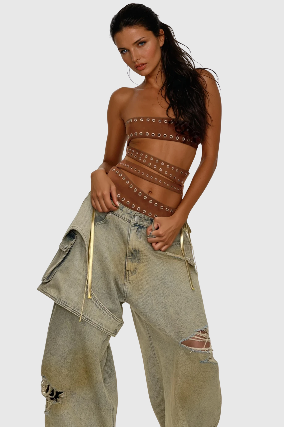 Chinweike Eyelet Asymmetric Strapless Top