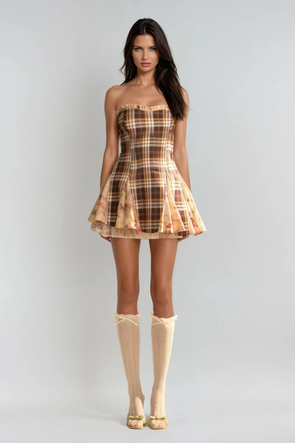 Chinyelu Strapless Grid Floral Mini Dress