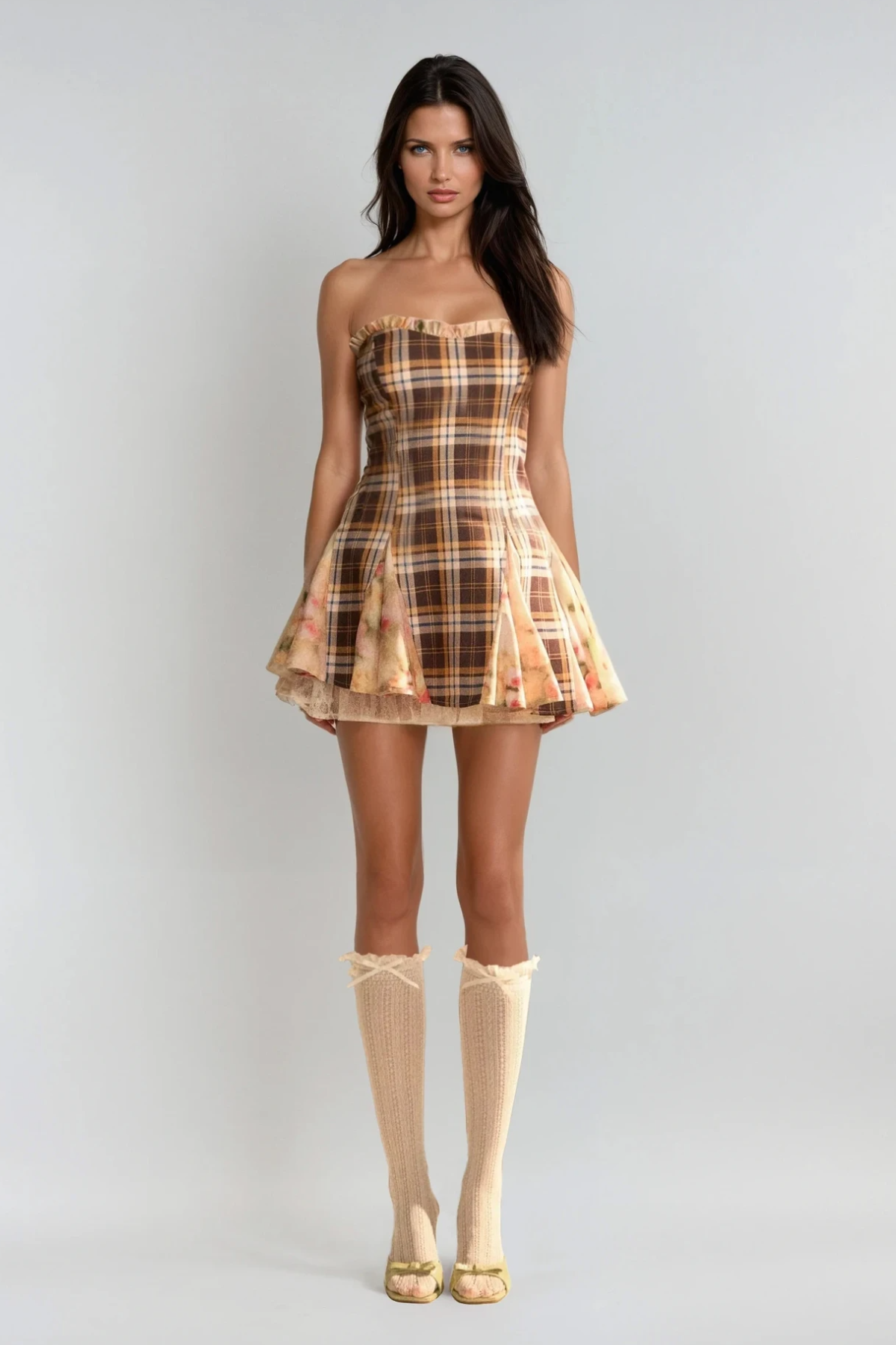 Chinyelu Strapless Grid Floral Mini Dress