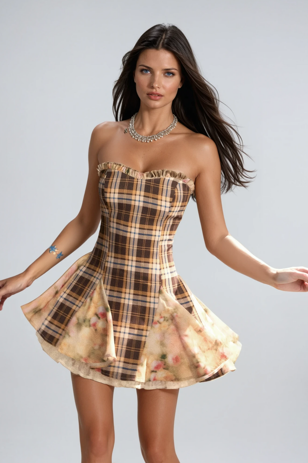 Chinyelu Strapless Grid Floral Mini Dress