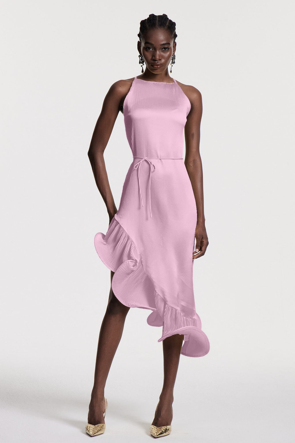 Chizuko Ruffle Sleeveless Midi Dress In Pink