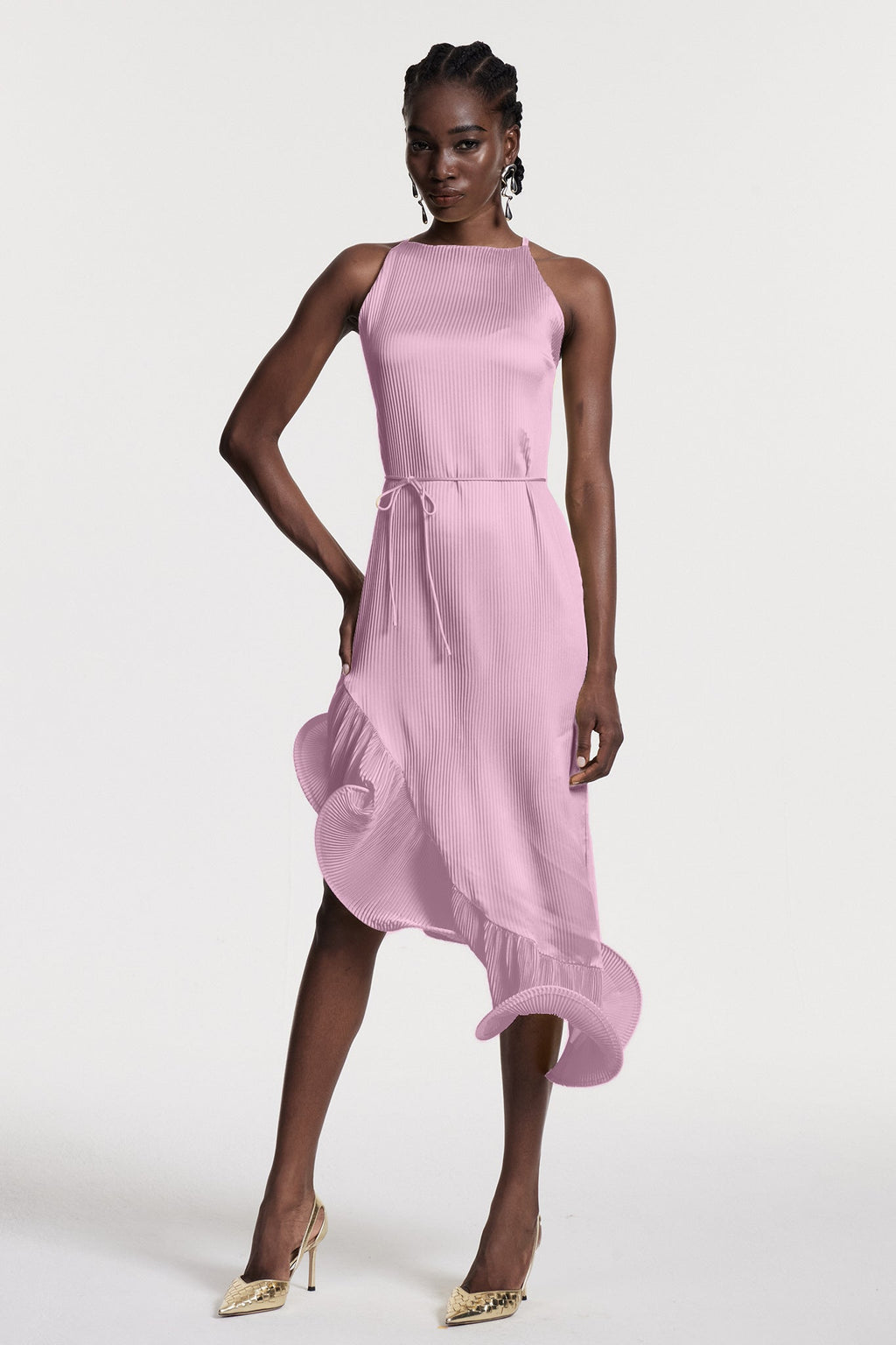 Chizuko Ruffle Sleeveless Midi Dress In Pink