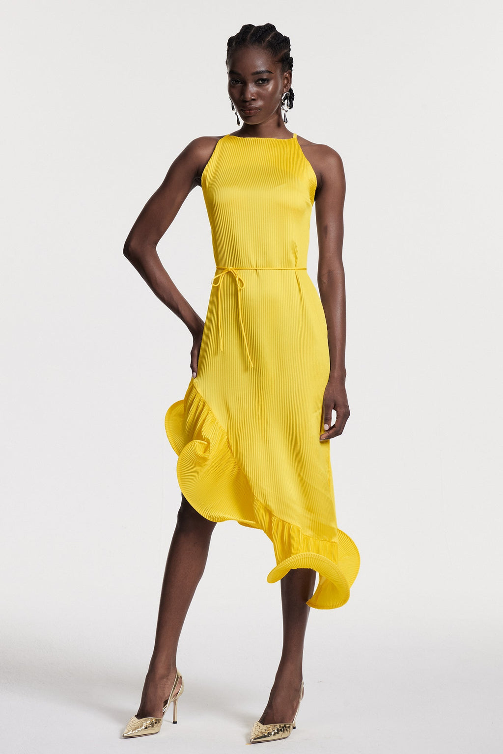 Chizuko Ruffle Sleeveless Midi Dress In Yellow