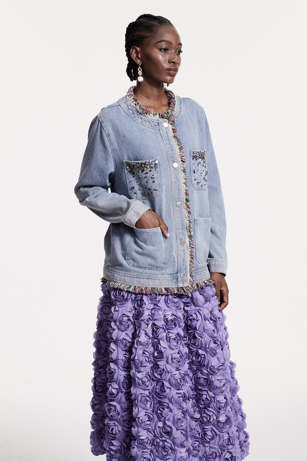 Cho Rhinestone Fringe Denim Jacket