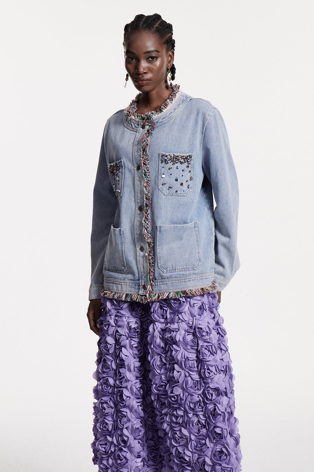 Cho Rhinestone Fringe Denim Jacket
