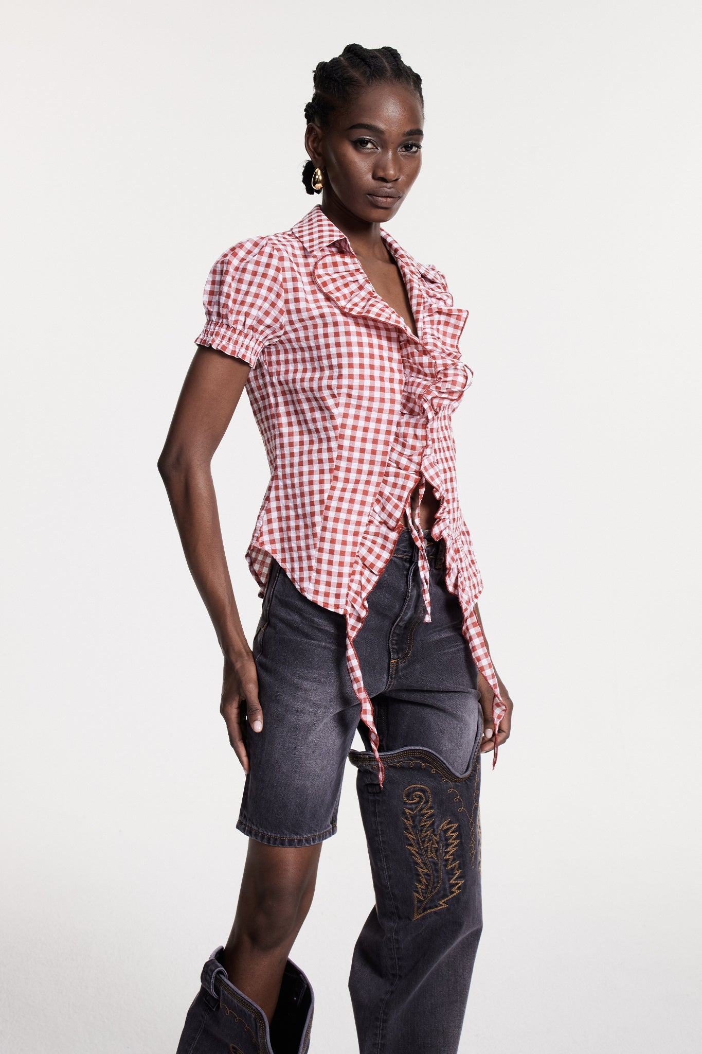 Christiane Grid Ruffle T Shirt