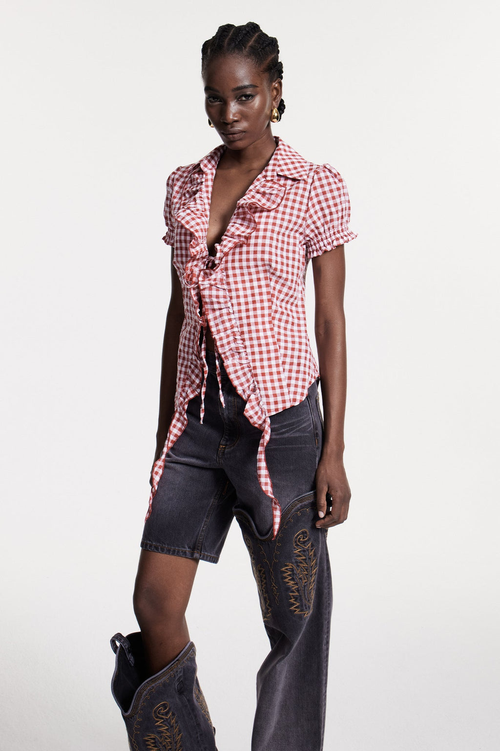 Christiane Grid Ruffle T Shirt