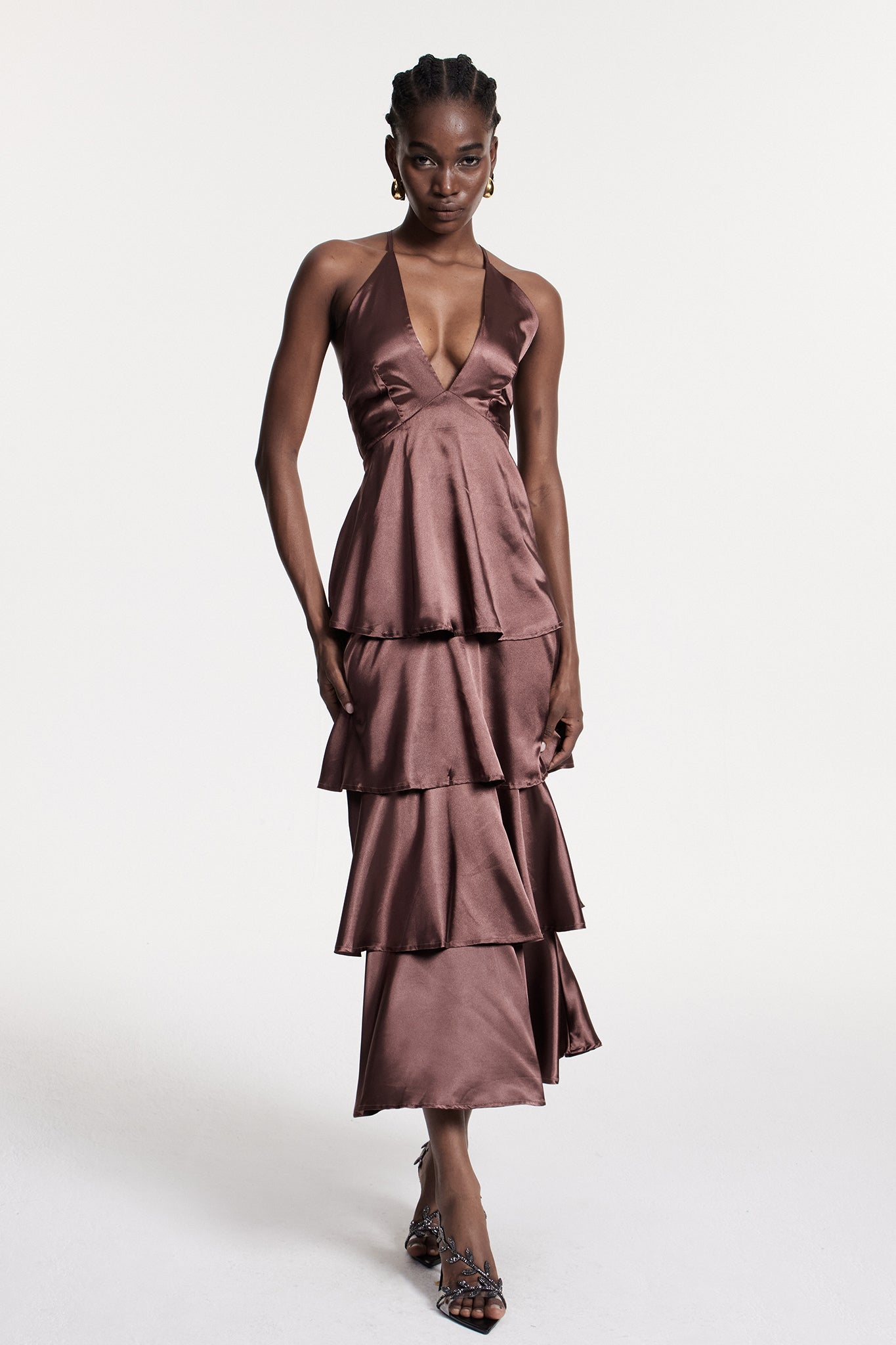 Christianus Plunge Ruffle Backless Maxi Dress