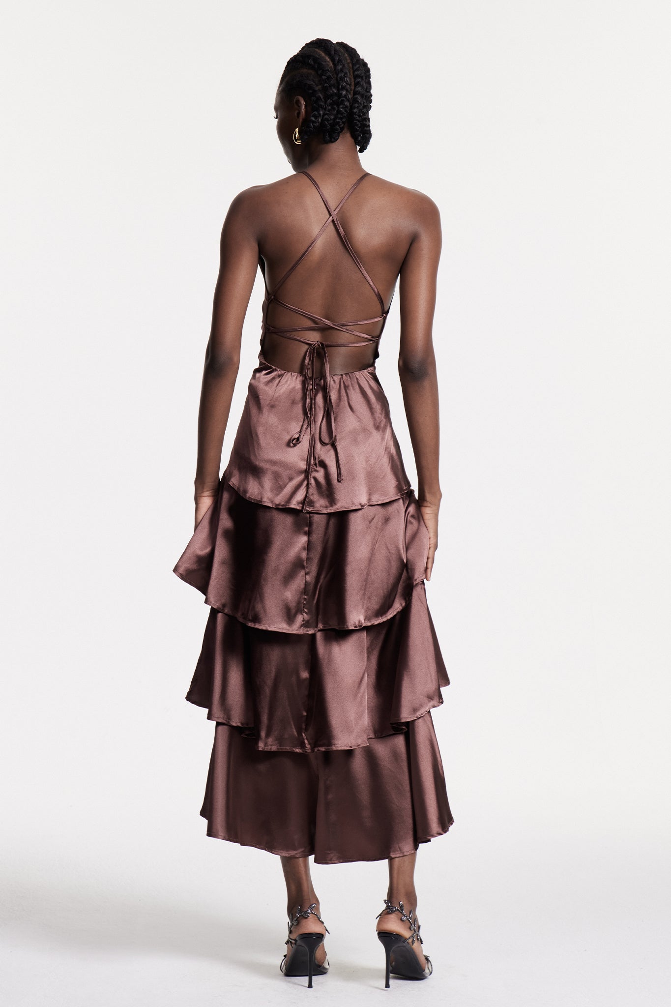 Christianus Plunge Ruffle Backless Maxi Dress