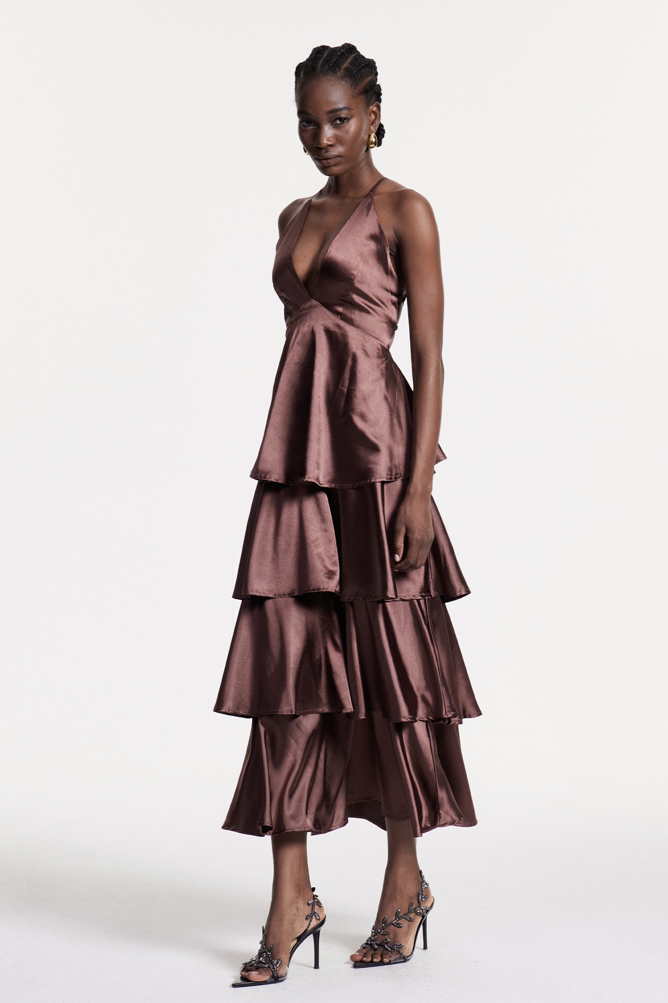 Christianus Plunge Ruffle Backless Maxi Dress