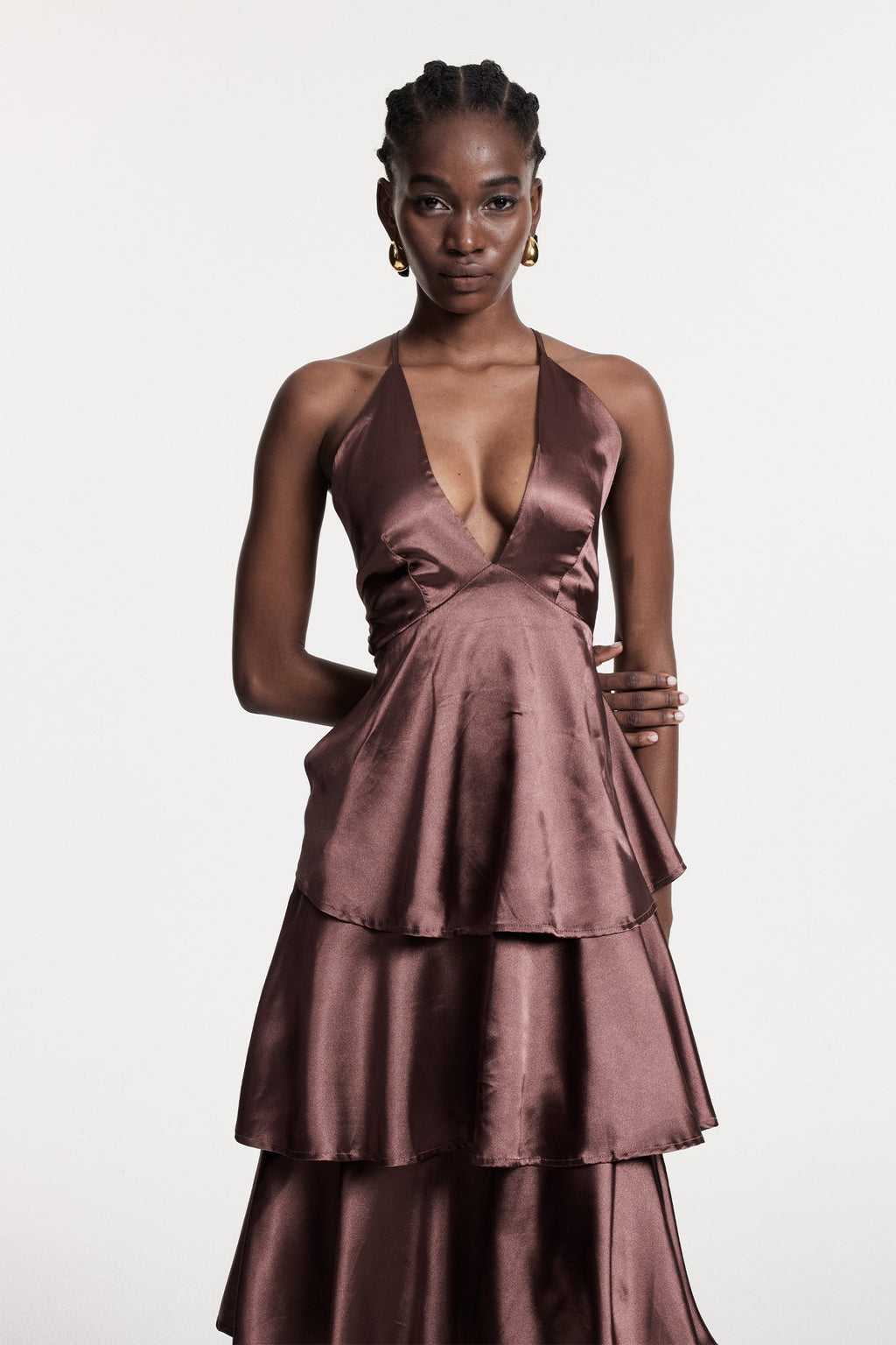 Christianus Plunge Ruffle Backless Maxi Dress