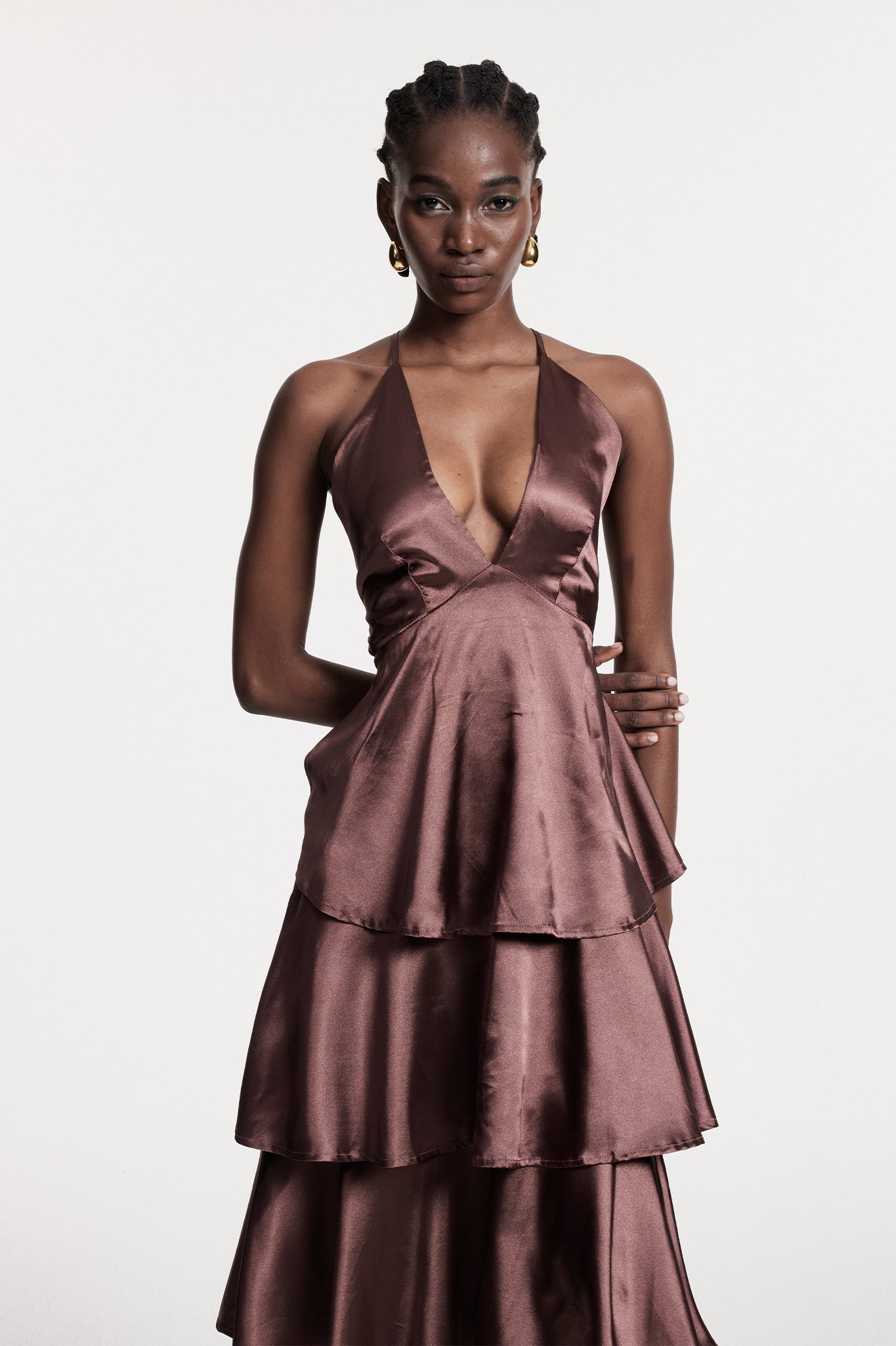 Christianus Plunge Ruffle Backless Maxi Dress