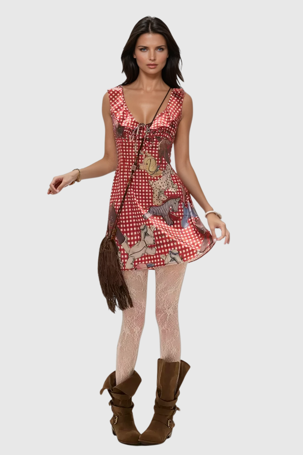 Cian Grid Print Ruffle Mini Dress