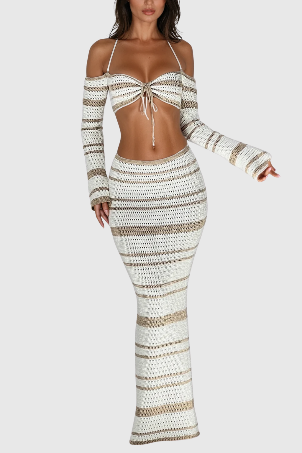 Cihangir Stripe Knit Skirt Set In Khaki