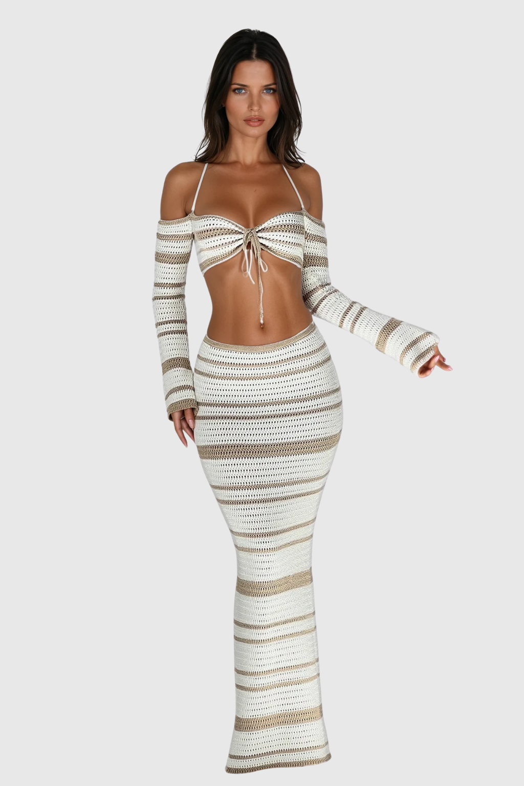 Cihangir Stripe Knit Skirt Set In Khaki