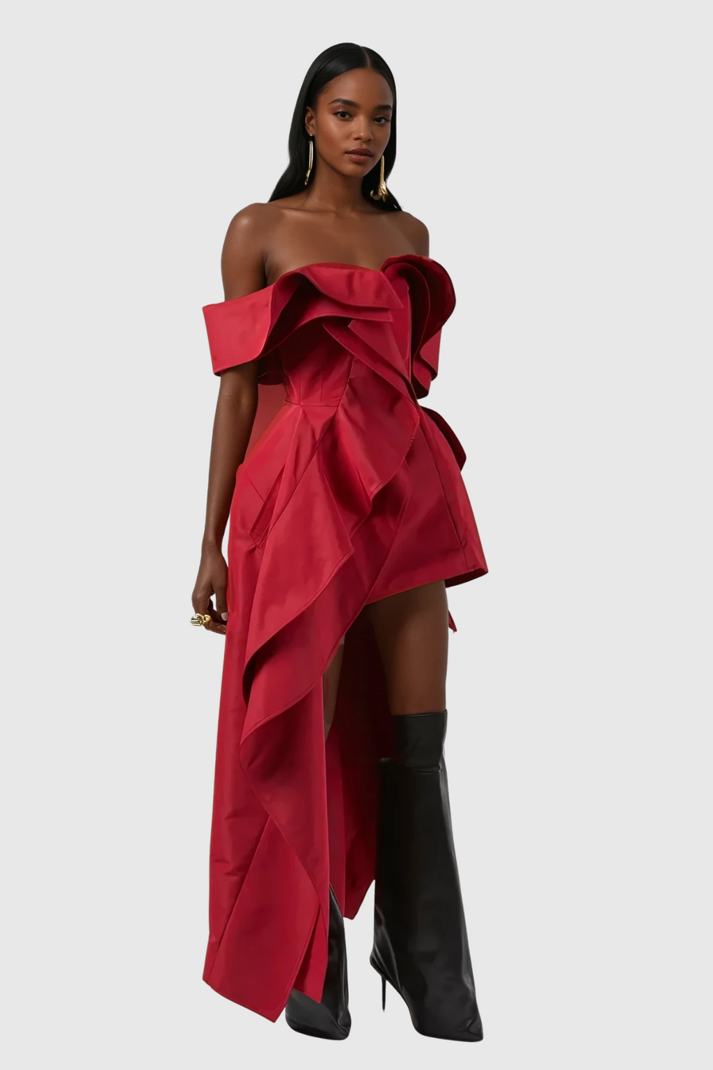 Cille Off Shoulder Asymmetric Ruffle Maxi Dress
