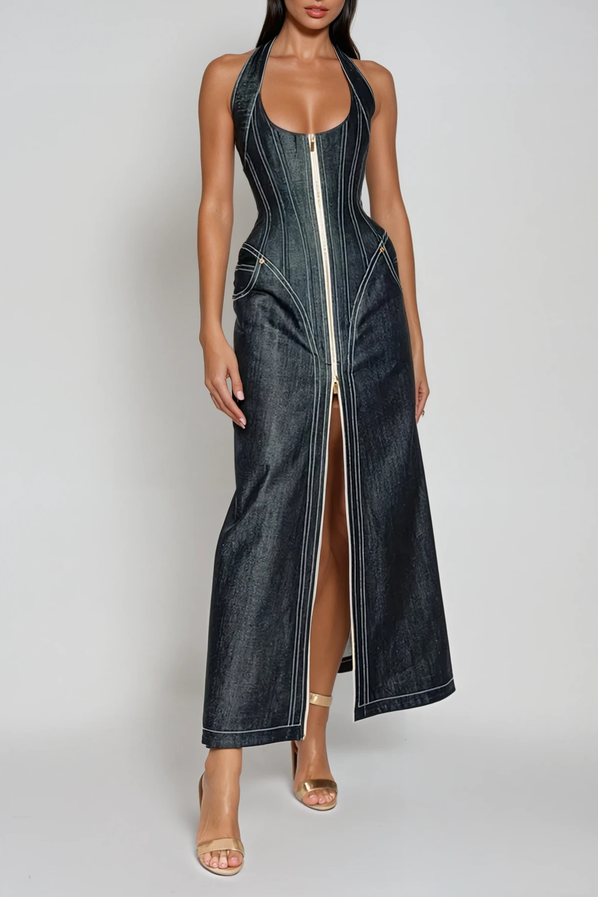 Cirillo Halter Neck Corset Denim Maxi Dress