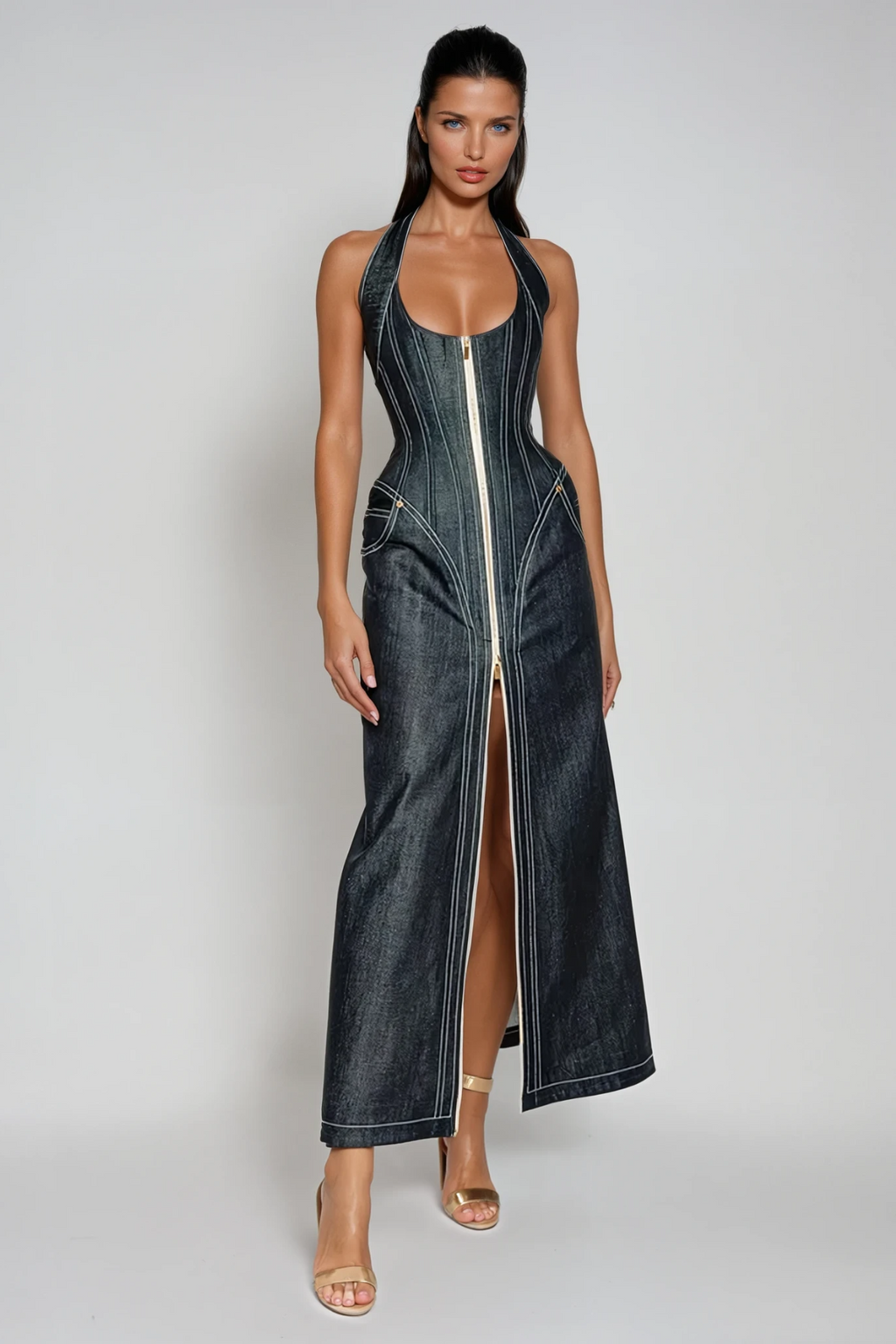 Cirillo Halter Neck Corset Denim Maxi Dress
