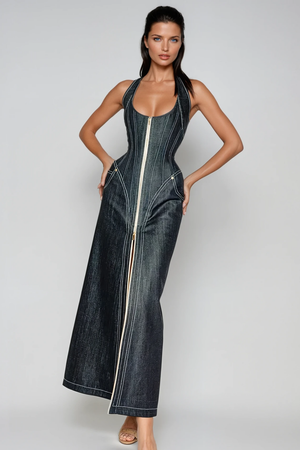 Cirillo Halter Neck Corset Denim Maxi Dress