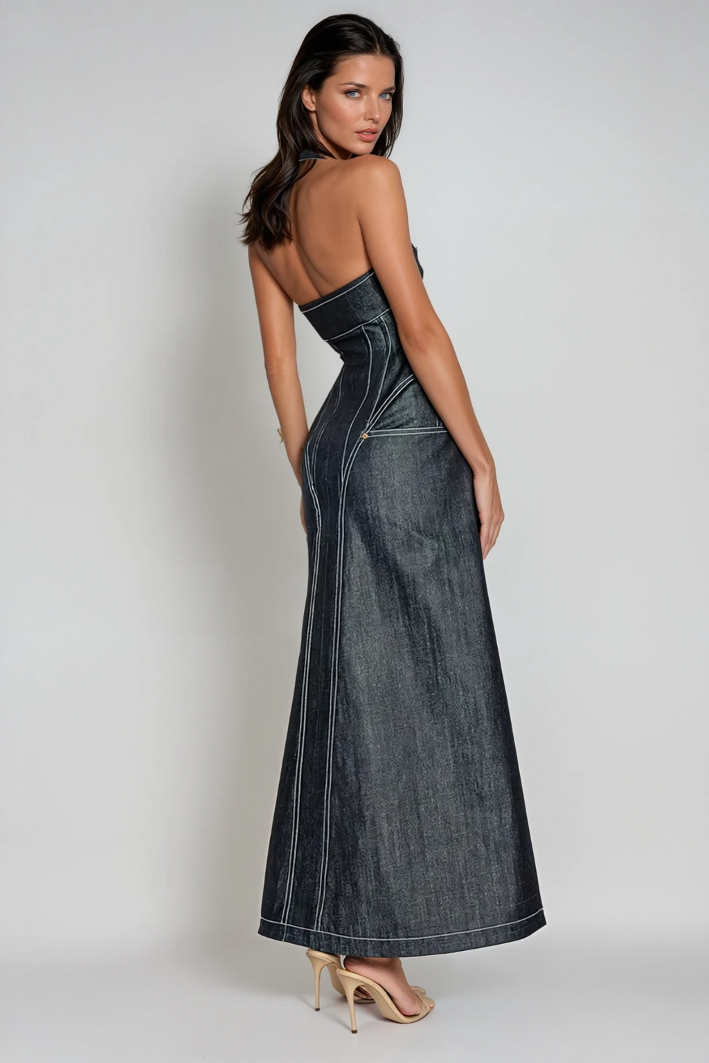 Cirillo Halter Neck Corset Denim Maxi Dress