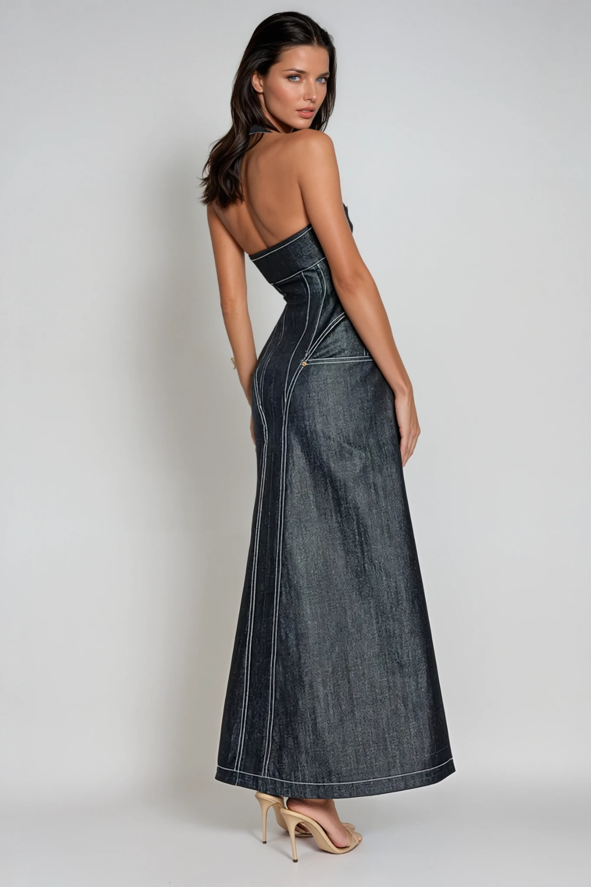 Cirillo Halter Neck Corset Denim Maxi Dress