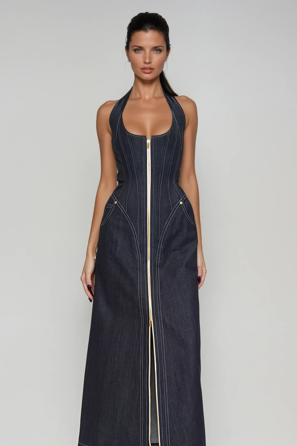 Cirillo Halter Neck Corset Denim Maxi Dress
