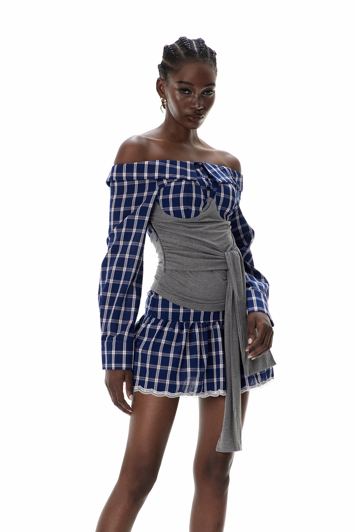 Claud Grid Tie Up Skirt Set