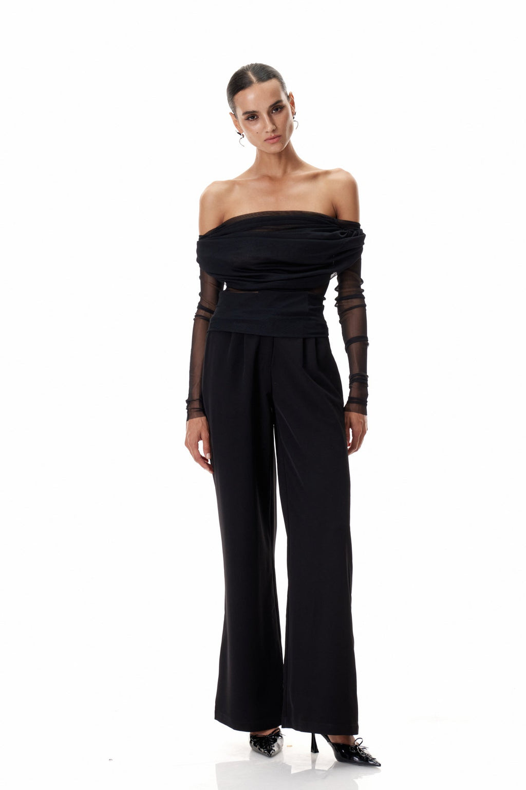 Clement Off Shoulder Ruch Mesh Top In Black