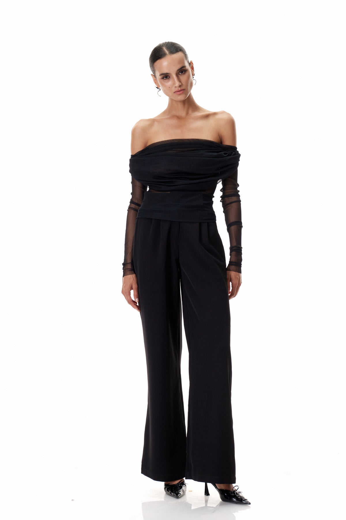 Clement Off Shoulder Ruch Mesh Top In Black