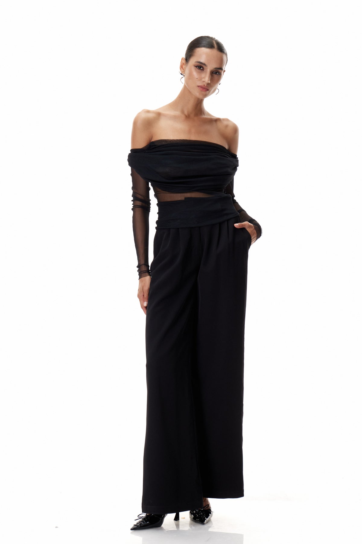 Clement Off Shoulder Ruch Mesh Top In Black