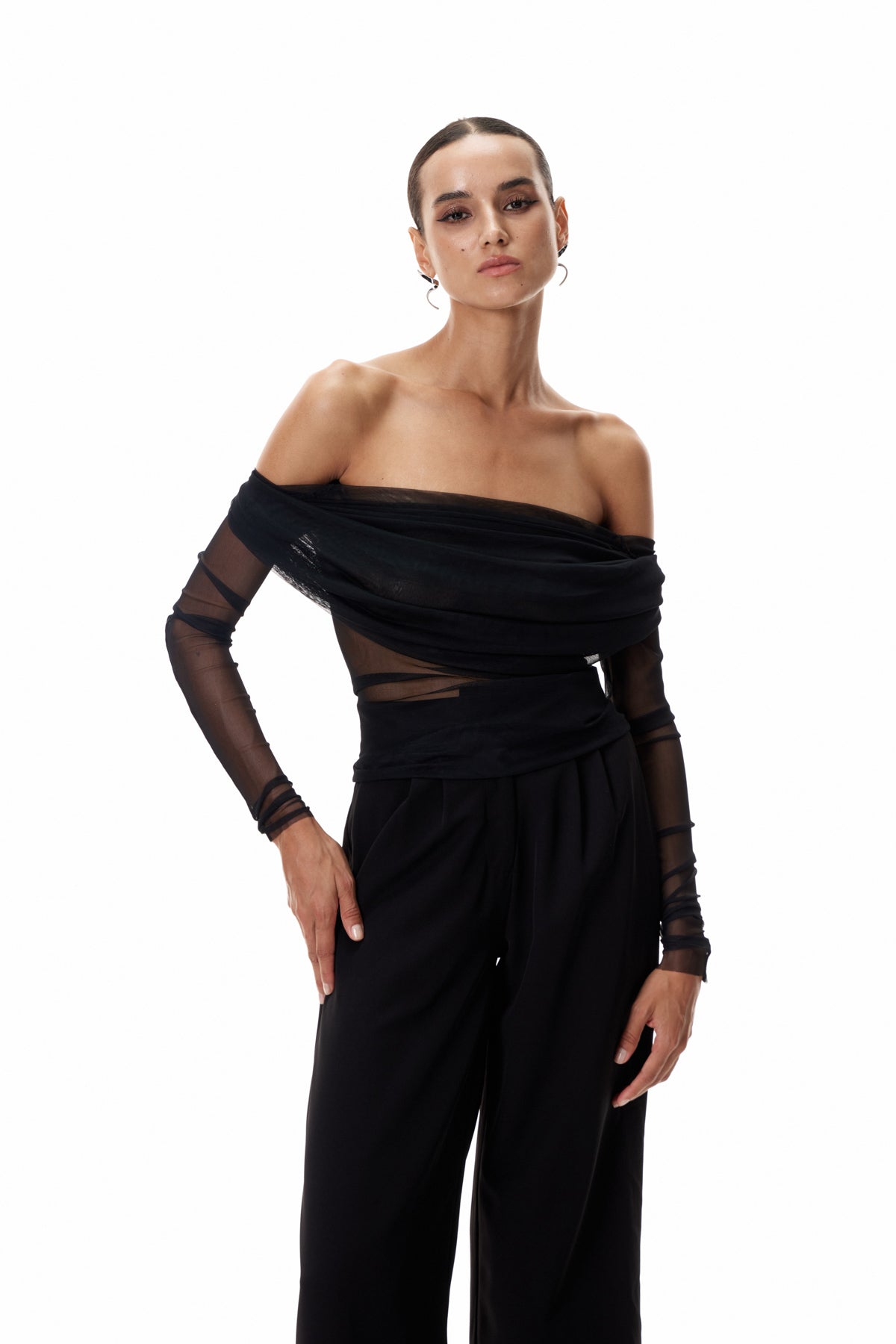 Clement Off Shoulder Ruch Mesh Top In Black