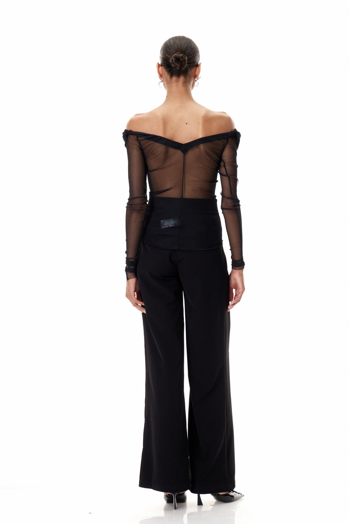 Clement Off Shoulder Ruch Mesh Top In Black